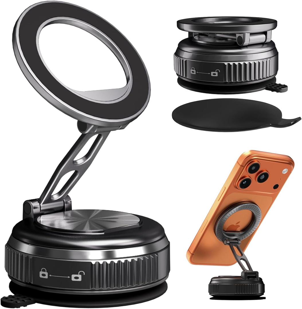 Car Phone Holder for Magsafe, 360 Adjustable Foldable Car Mount [108LBS Strongest Suction & 2800gf Magnetic] Portable for Car/Gym/Mirror Mount/Daily Stand for iPhone and All Smartphones, Black