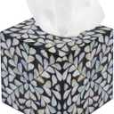 PEMAR 5.9 Handmade Mother of Pearl Tissue Box Cover  Acacia Wood Cube, 5.35 Interior Fits 5 Square Boxes, Sliding Bottom, Lacquer Rustic Farmhouse Decor (White Leaves)
