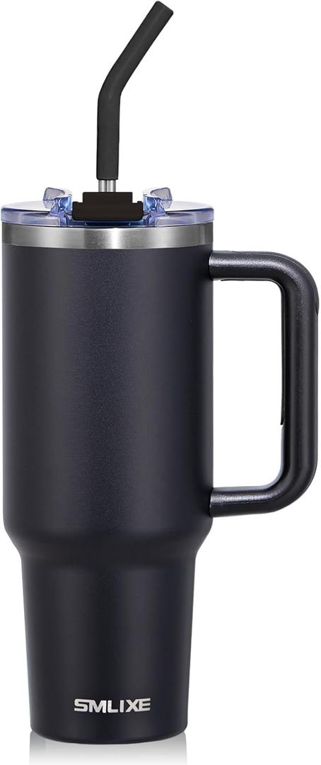 40 oz Tumbler with Handle and Straw Lid,Insulated Reusable Stainless Steel Water Bottle Travel MugCupholder Friendly Double Wall Vacuum Sealed Cup (Black)