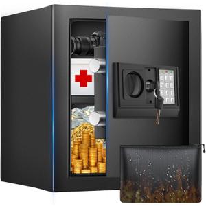1.6 Cuft Safe Box, Home Safe with Fireproof Waterproof Bag, Anti-Theft Digital Security Lock Box with Smart Alert System, Removable Shelf, Mute Function, Personal Document Safes for Money Jewelry