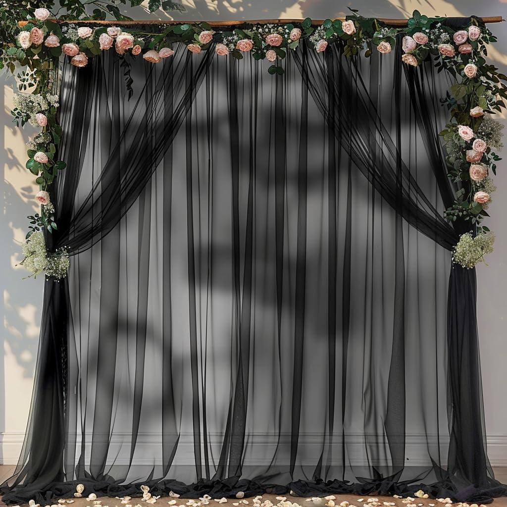 PARTISKY 20ft X 10ft Black Tulle Backdrop Curtain for Parties, Sheer Backdrop Curtains Fabric Drapes for Wedding Ceremony Arch, Party Stage Decorations