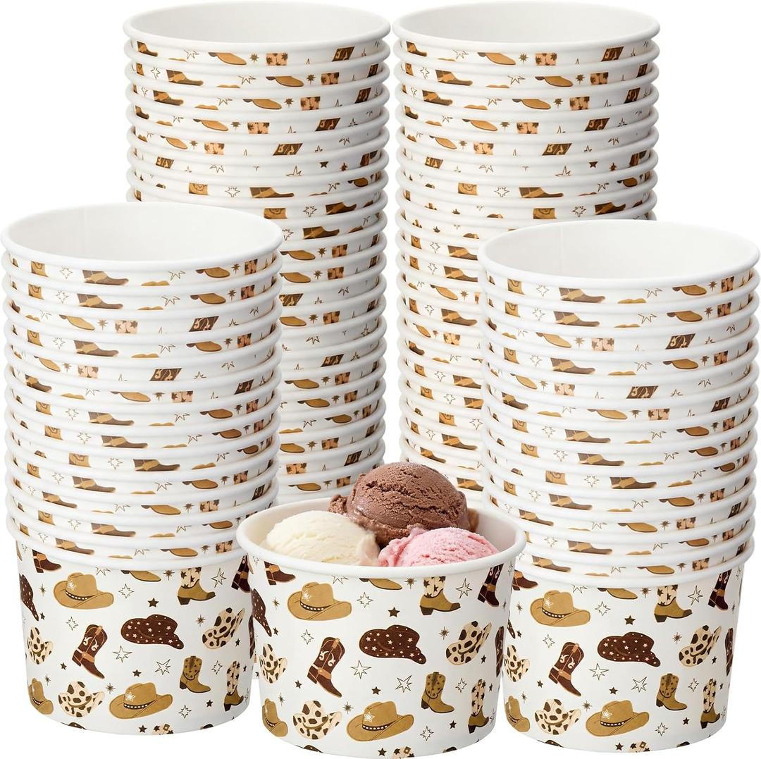 Funnymoom 50 Pack Cowboy Ice Cream Cups 9 oz Western Disposable Dessert Bowls Cowboy Paper Soup Bowls Wild West Snack Cups for Hot or Cold Food for Rodeo Cowgirl Baby Shower Birthday Party Supplies
