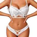 Avidlove Lingerie Set for Women Lace Bra and Panty Sets V Neck Babydoll Outfits (White, XL)