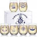 Remerry 7 Pcs Nautical Themed Stemless Wine Glasses with Gift Box Assortment Wine Glasses for Summer Party Favors Coastal Lovers Gifts Bulk for Women Men Birthday Fathers Day