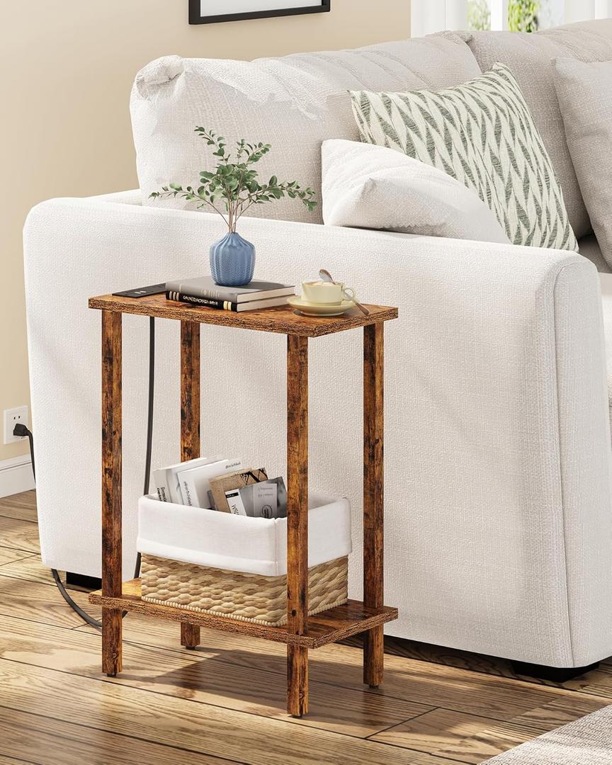 TUTOTAK Small End Table with Charging Station, Narrow Side Table with USB Ports and Outlets, Skinny Sofa Table, Slim Nightstand, Living Room, Bed Room, Pure Brown TB01BB060C (2-Tier7.9"D x 15.8"W x 22.5"H)