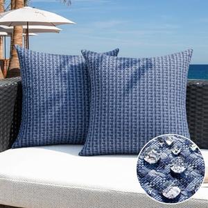 Kevin Textile Outdoor Waterproof Throw Pillow Covers Pack of 2 Weaving Texture Water Resistant Outside Decorative Cushion Covers for Garden Patio Tent Balcony Bench Couch Sofa 18x18 Inch, Navy Blue