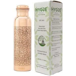 HYGGE Copper Water Bottle for Drinking – 34oz Engraved Pure Copper Water Bottle – Travel Water Bottle for Gym, Office, Hiking, Outdoor – Ayurvedic Water Bottle with Lid