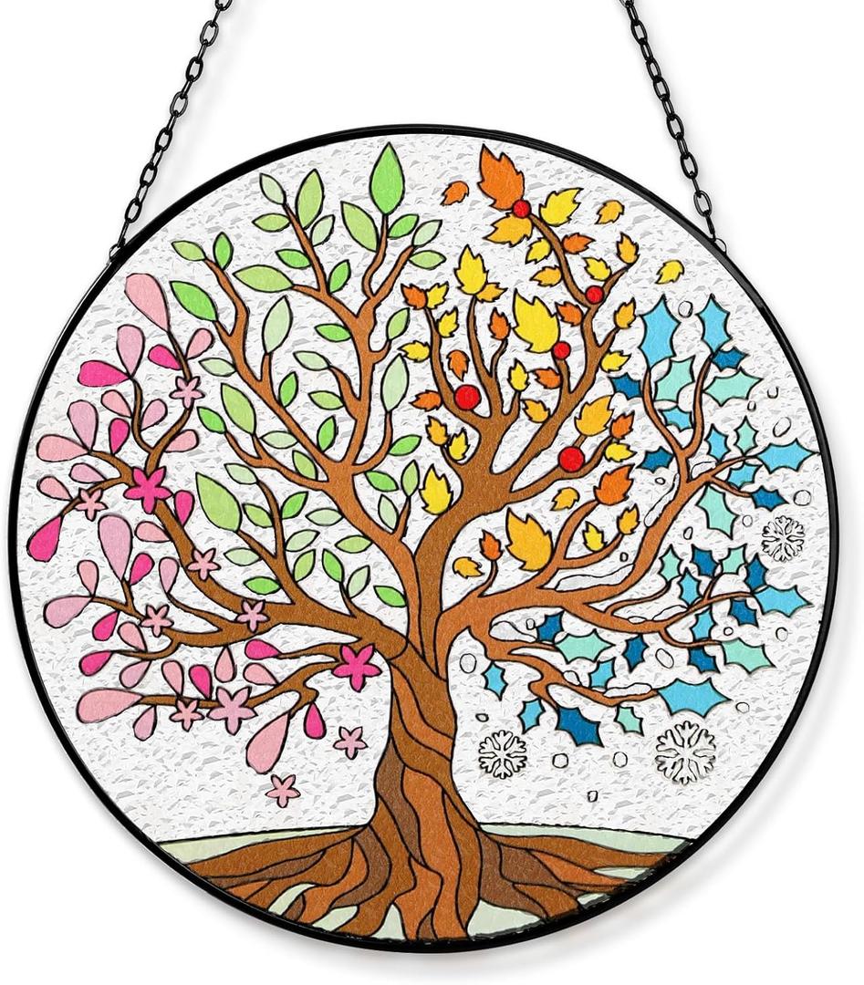 Tuitessine Big Size Tree of Life Stained Glass Suncatcher Four Season Theme Colorful Leaves Wall Window Hanging Ornament Hand-Painted Glass Panel Gift for Women Christmas Thanksgiving Gift 7.9  7.9