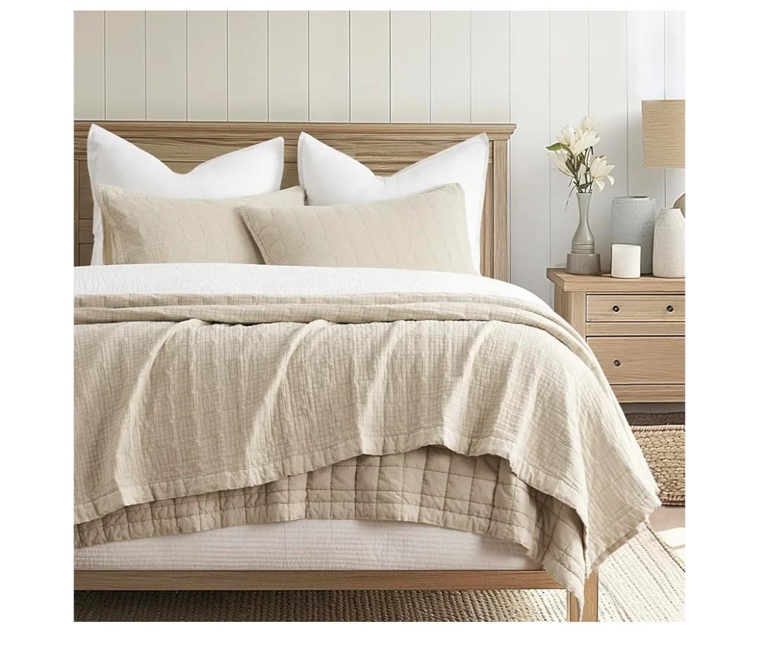 EVERGRACEHOME Stonewashed Cotton Quilt Set King Size, Ultra Soft Oversized Bedspread Coverlet Set, Lightweight Crinkle Box Stitch Bedding Sets for All Season, with 2 Shams, Flax Beige