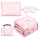 3 Pcs Travel Airplane Blanket Gift Set for Women Mother's Day 40 x 60 Pink Bow Throw Blanket, Eye Mask and Storage Bag with Hand Luggage Sleeve Comfort and Self Care Essentials for Flying Train Road