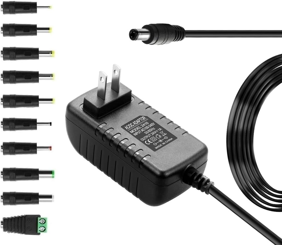 24V 1A Power Supply Adapter 100-240V AC to DC 24Volts 1A 24W Converter Transformer Switching Power Supply with 10 Tips 5.5mm x 2.5mm Plug for LED Strips, CCTV Cameras, Motors & More