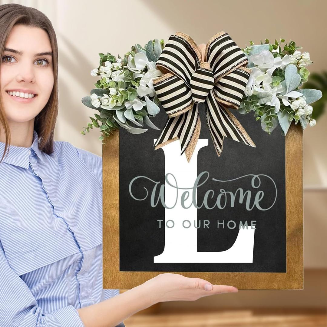 Welcome Wreaths for Front Door-14"x12", 26 Initial Letter Front Door Wreath, Welcome Sign with Eucalyptus Garland and Bow, Porch Farmhouse Decoration, Housewarming Gifts (L)