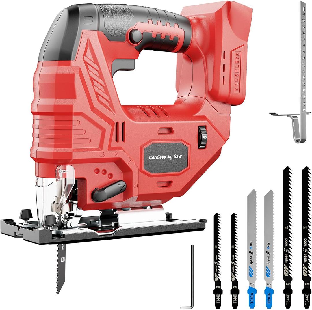 Cordless Jigsaw Compatible with Milwaukee 18V Battery, Brushless Motor, 7-Speed Variable Control, 3200 RPM, 800W Power, Guide Rail, 045 Bevel, LED Light, 6 Blades (Tool Only)