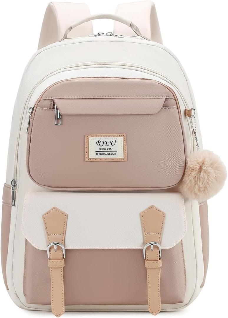School Backpack for Teen Girls,15.6in Laptop Backpack Kids Backpack for Middle School College Students,Cute Bookbag for Women,Khaki Beige
