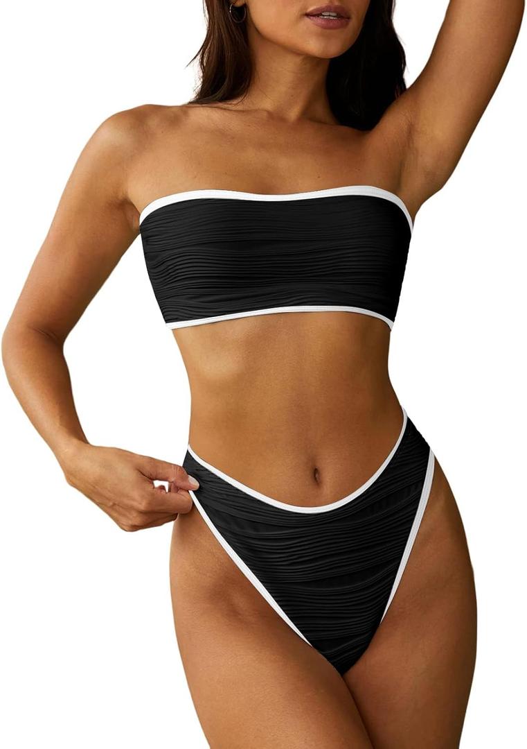 ZAFUL Women Strapless Textured Bandeau Bikini 2 Piece Swimwear Cheeky Solid Lace up Bathing Suits (Medium, 15-black)