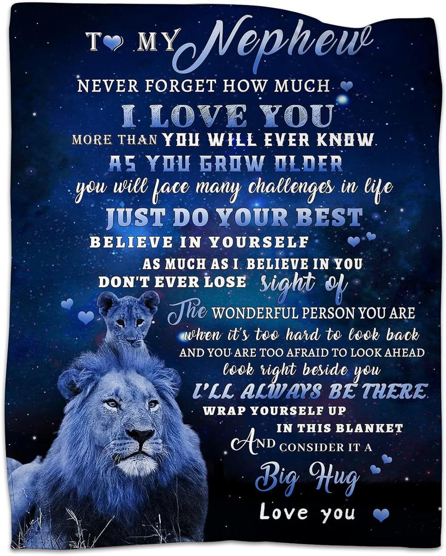 to My Nephew Gifts Blanket from Uncle, Blue Lion Blankets for My Nephew, Gifts from Uncle or Aunt, Christmas Auntie to Nephews Birthday Gift Super Soft Flannel Blanket for Bed Sofa Decor 50"x60"