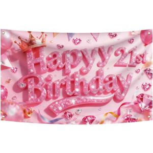 Happy 21st Birthday Decorations for Her Him,Pink Glitter Birthday Backdrop Banner,21 Year Old Bday Poster Background Photo Booth Props Decor(21)