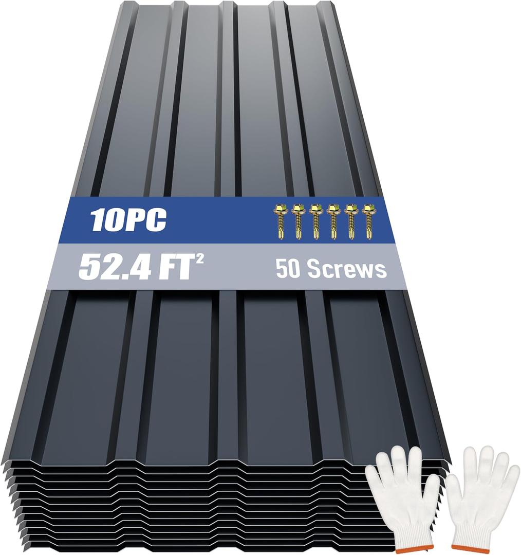 Brakki Metal Roofing Panels 10pcs 52.4 ft², Corrugated Roof Panels, Grey | L42.52"xW17.72", Galvanized Steel, with Screw, Heavy Duty Metal Siding, Suitable for Garages Chicken Coop Shed Stables Patio