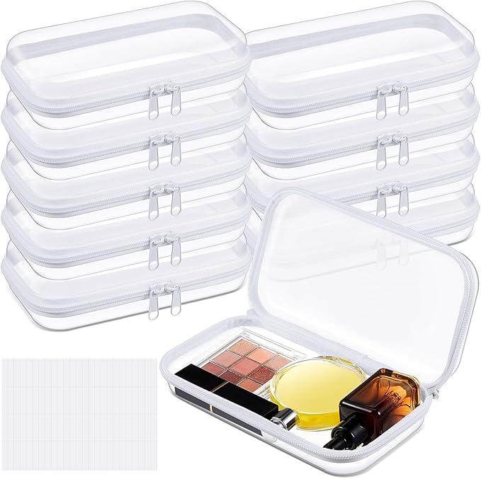 Sanwuta 10 Pcs Hard Zipper Case Clear Hard Pouches Plastic Zipper Pencil Box Toy Storage Bins Portable Plastic Container for Travel Toiletry Office Cosmetic Block Puzzle Organizer(S,Clear)
