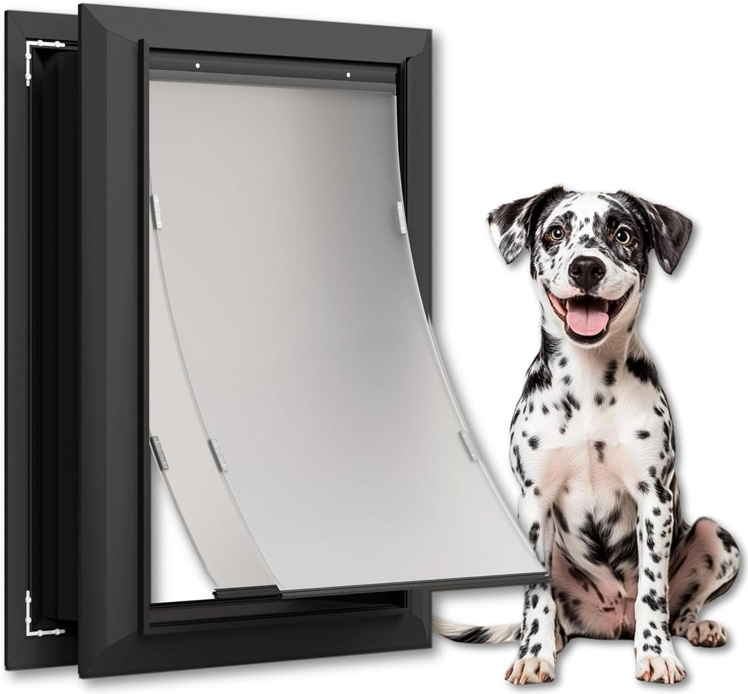 Aluminum Large Dog Door for Exterior Doors, Lockable Panel Included, Cutout Size 12.2''W x 18''H, Heavy Duty Magnetic Double Flap for Extreme Weather, Energy-Efficient, Easy to Assemble, Black (L)