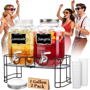 KIKCOIN 1 Gallon Glass Drink Dispensers for Parties, 2 Pack Leakproof Beverage Dispenser with Stand & 18/10 Stainless Steel Spigot & Filter -for Lemonade, Juice, Sun Tea, Punch- ALL DISHWASHER SAFE