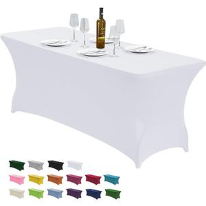 CWK 4FT Waterproof Stretch Spandex Table Cover for Rectangular Tables - Elastic Fitted Tablecloth for Folding Tables,Wrinkle Resistant Table Cloth for Parties, Weddings, Banquets & Events (White)