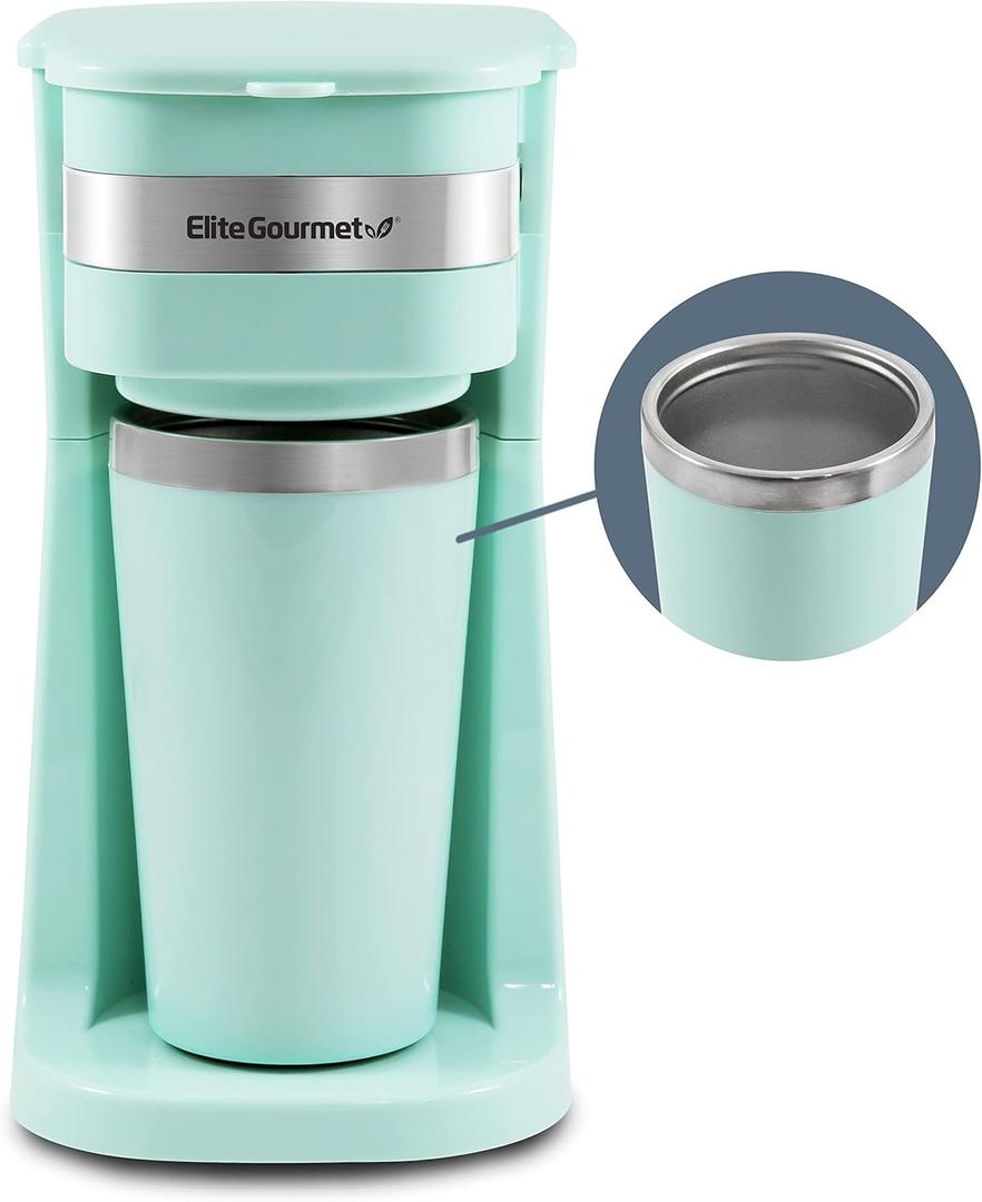 Elite Gourmet EHC117M Personal Single-Serve Compact Coffee Maker Brewer Includes 14Oz. Thermal Travel Mug with Stainless Steel Interior, Compatible with Coffee Grounds, Reusable Filter, Mint (Mint)