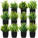 Unittype 12 Pcs Fake Plants Small Artificial Faux Plants for Shelf Mini Plastic Potted Greenery for Home Office Desk Bathroom Bedroom Indoor Decor (Black Pot,Green)