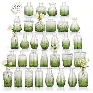 RUCKAE 32 Pack Flower Vase Mini Glass Bud Vases Vintage Small Vases for Centerpiece Table Wedding Decorations Home Decor Party (Gradient Green)