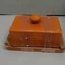 Ceramic Butter Dish with Lid, Large Butter Container for East & West Coast Butter Storage, Porcelain Butter Holder with Knob Handle, Striped Butter Keeper Butter Tray, Farmhouse Kitchen Decor, Orange