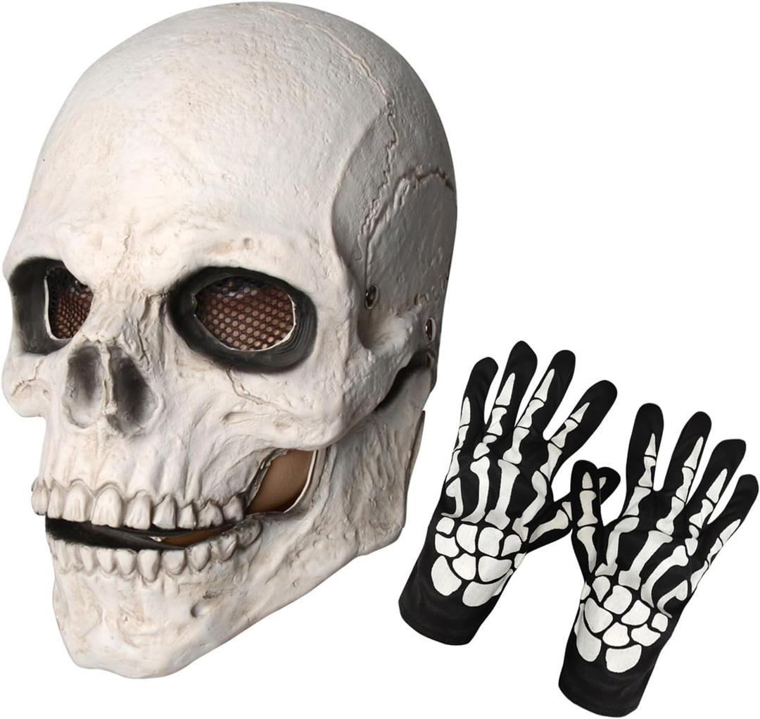 Skull Mask Moving Jaw Halloween Creepy Skeleton Latex Mask Full Head For Adults Party Costumes (White)