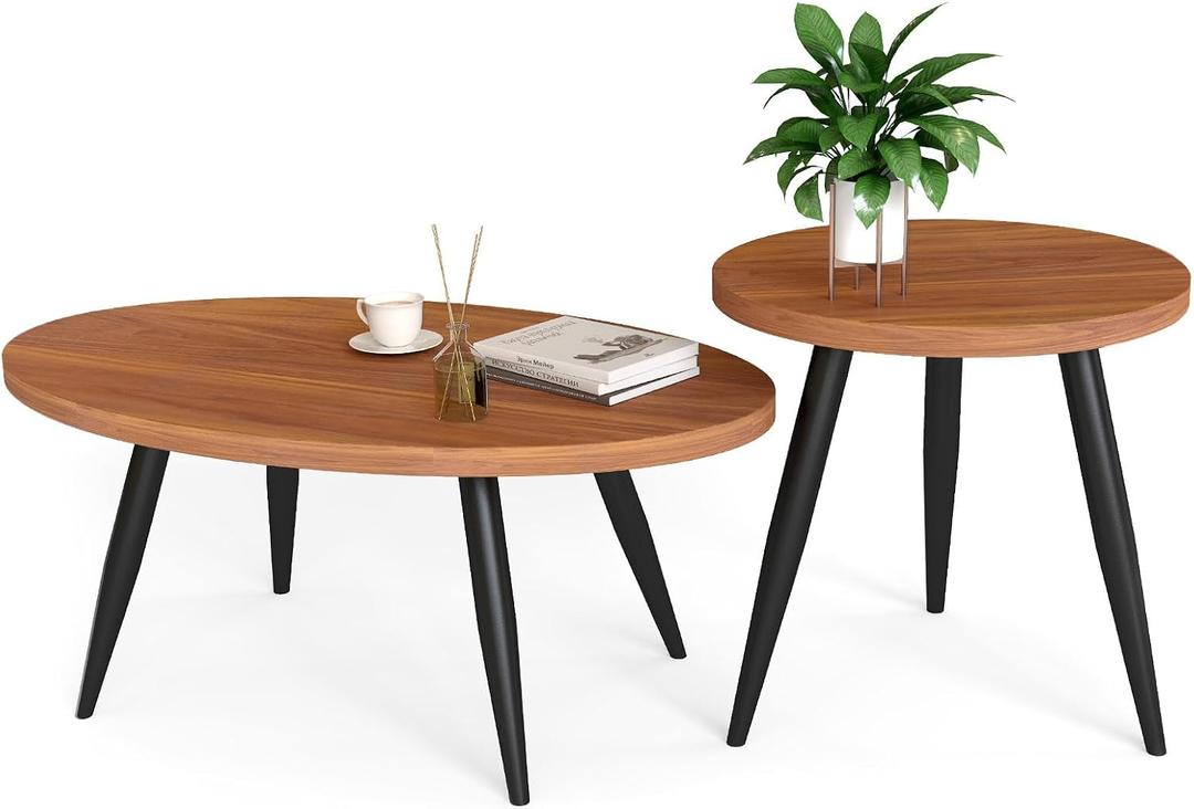 2-Piece Nesting Coffee Table Set, Oval & Round Mid-Century Modern Side Tables with MDF Tabletop & Metal Tapered Legs, Accent Table Set for Living Room, Small Spaces, Walnut, 19.6 Inches X 18.8 Inches X 19.6 Inches