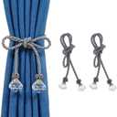 Curtain Tiebacks Rope with Crystal, 2pcs Decorative Handmade Tie Back Curtain Holdbacks Ropes for Window Sheer Drapes Home Office, Dark Grey