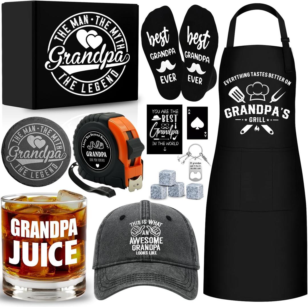 14 Pcs Grandpa Gifts, Best Granddad Ever Gift with 11 Oz Grandpa Juice Whiskey Glass 4 Whiskey Stones Coaster Apron Hat Sock Tape Measure Keychain, Birthday Father's Day Christmas Gift for Grandfather