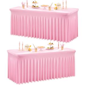 2 Pack Baby Pink Spandex Tablecloth for 6 Foot Rectangle Tables, Stretchy Table Cloths 6 ft Fitted Table Cover Light Pink with Skirt for Parties Weddings Birthday Banquet Baby Shower (6FT(2pack))