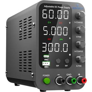 DC Power Supply Variable, 0-60V 0-5A Switching Bench Power Supply with 20W USB & Type-C Quick-Charge, Encoder Corase & Fine Adjustment Knob, Output Switch, 4-Digit LED Display - SPS-6005V
