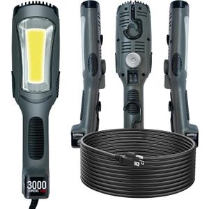 Portable Corded LED Work Light with Outlet in Handle, COB LED, 3000 Lumen 25ft 16AWG 3C SJTOW Cord Handheld Work Light, Strong Magnet, Swivel Hook for Mechanic, Garage, Workshop, Car Repair