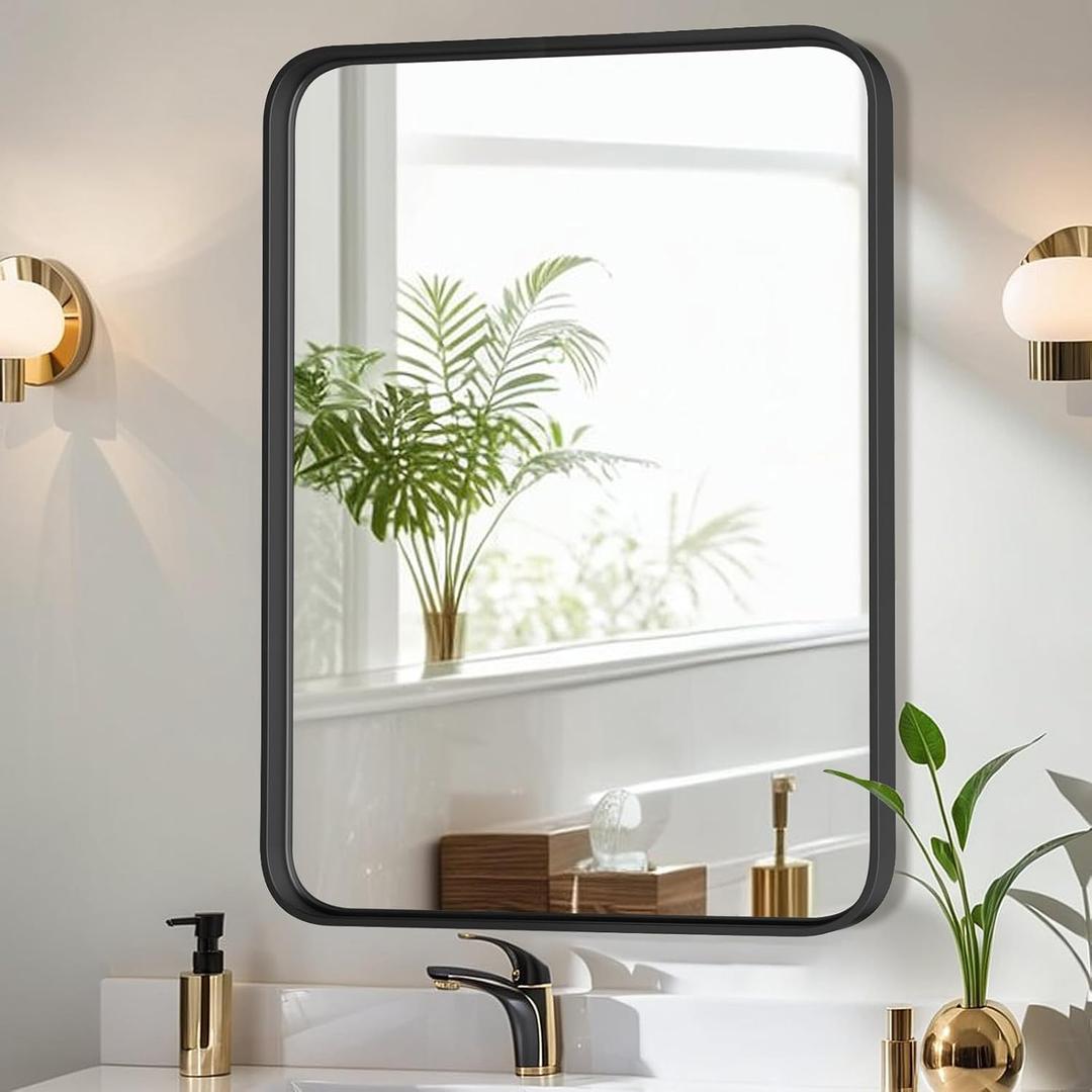 Bathroom Mirror for Wall, 36x24 Inch Rounded Rectangle Mirror, Black Metal Framed Bathroom Vanity Mirror for Restroom Farmhouse, Anti-Rust, Tempered Glass, Horizontally or Vertically Hanging
