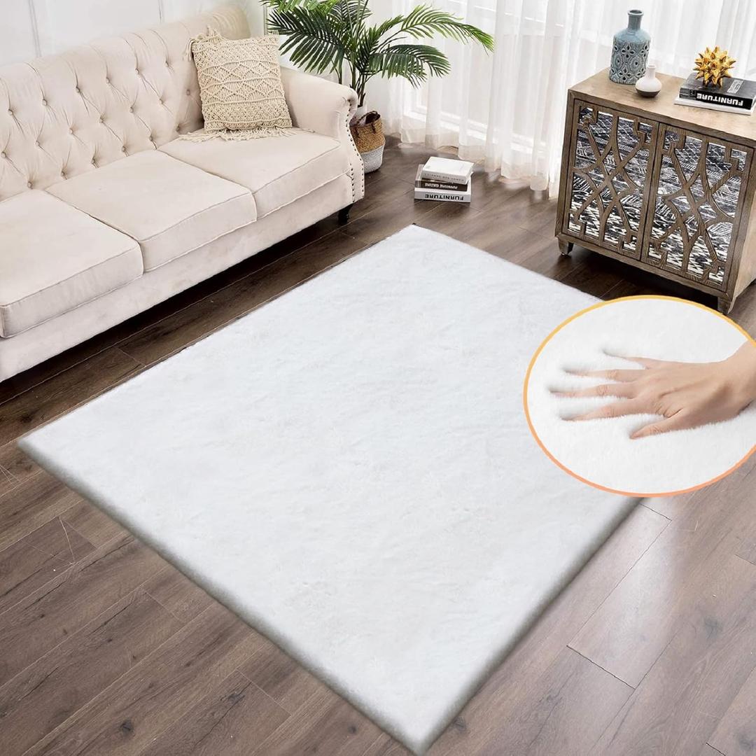 White Faux Fur Rug 5x8 Rugs for Living Room Shag Washable Area Rug Fuzzy Rugs for Bedroom Girl Room Decor Rectangle Rug (5X8 FT Rectangle)