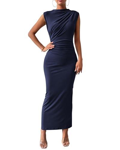BTFBM Women Ruched Bodycon Maxi Dresses Summer Casual Sleeveless Lightweight Slit Elegant Cocktail Wedding Guest Dress(Navy, X-Large)