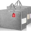 2Pack 105L Extra Large Storage Bags, Folding Moving Comforter Blanket Storage Bags Closet Organizers and Storage Containers for Clothes with Strong Handles&Zippers Clear Window for Bedding Pillow Grey