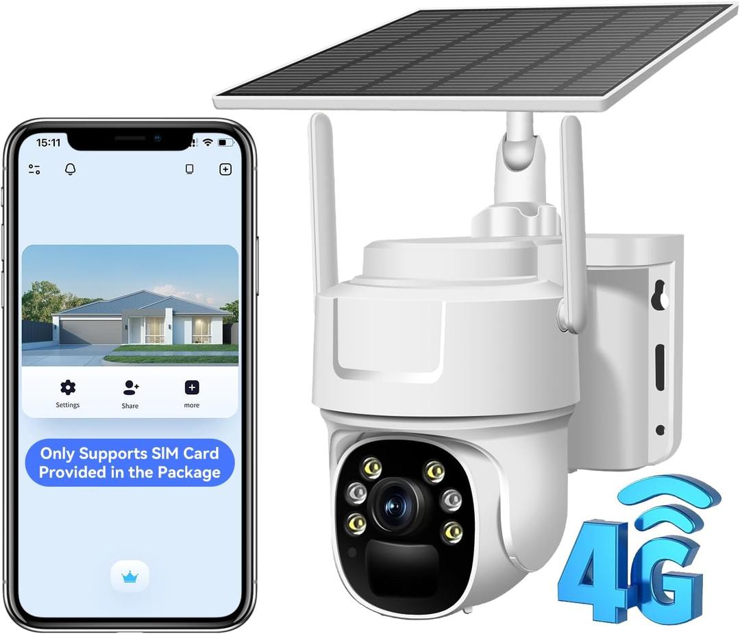 4G LTE Cellular Security Camera, Solar-Powered No WiFi Needed Wireless Outdoor Security Camera with PIR Motion Sensor, 355 Live View, 2K HD Night Vision, Remote Access, 2-Way Audio, Built-in SIM Card