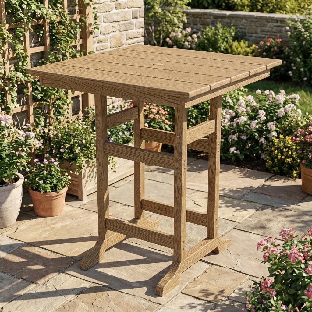 Garvee Outdoor Patio Bar Table for 2-4, All-Weather HDPE Bar Height Table with Umbrella Hole and Spacious Tabletop for Outside,Poolside, Backyard