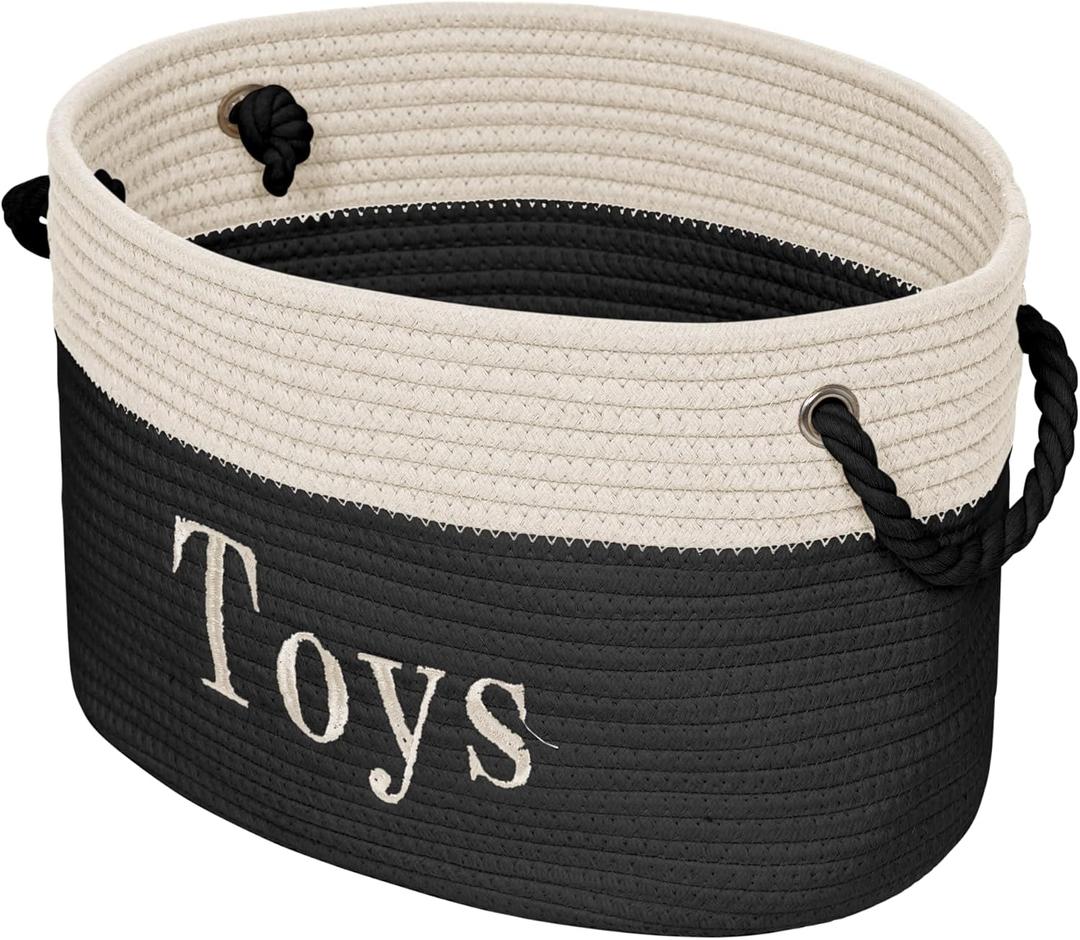 Toy Rope Storage Basket - 15 x 11 x 9 Toy Bin - Embroidered Storage Bins - Black and White Basket - Tote Bin for Nursery, Playroom, Living Room, Classroom