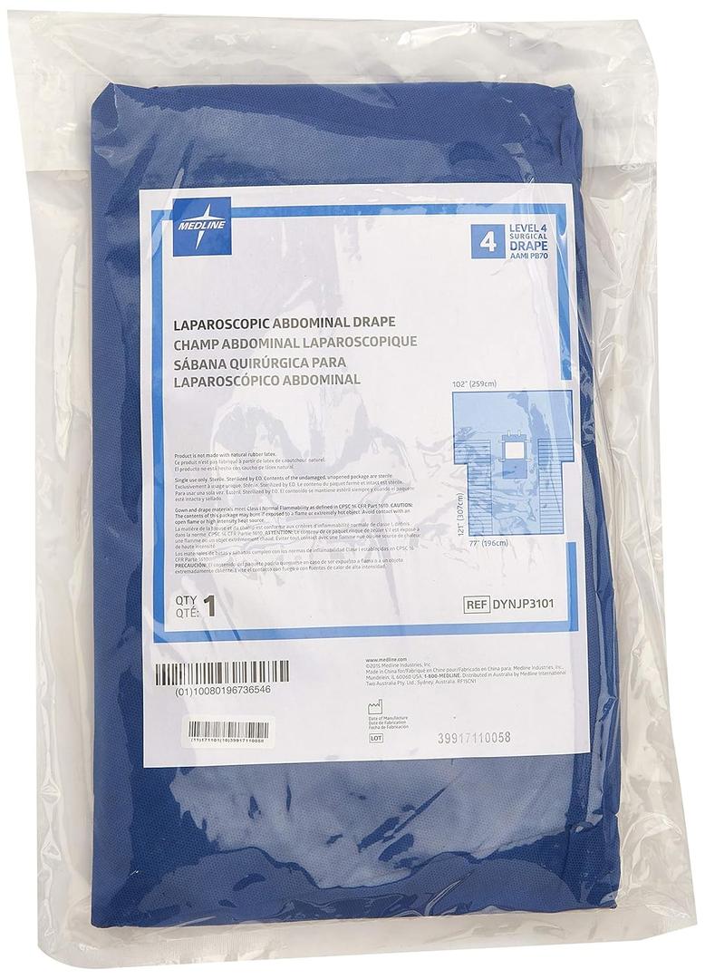 Medline Sterile Laparoscopic Abdominal Surgical Drape, 102 Inches x 121 Inches x 77 Inches, 20 Inches x 36 Inches Absorbent Reinforcement, 12 Inches x 13 Inches Fenestration, Case of 12 Each