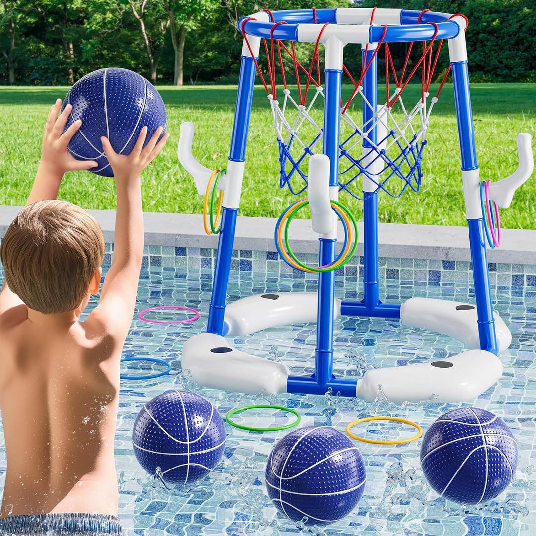 MSKOLER Pool Basketball Hoop, 2 in 1 Floating Pool Toys with 4 Balls and Inflatable Pump, Indoor Outdoor Water Basketball Swimming Pool Games Gifts Toys for Kids Ages 4-8 8-12