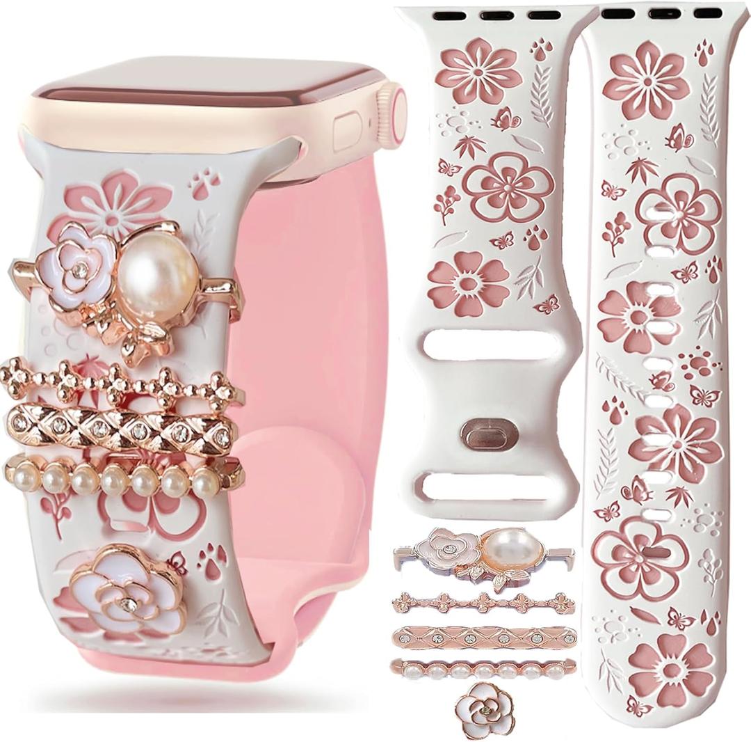 Floral Engraved Pink Silicone Band with Charms Compatible Apple Watch Women 38mm 40mm 41mm 42mm 44mm 45mm 46mm 49mm,Jullstar Butterfly Summer Flower Strap Starlight Black Purple for iphone Watch Series Ultra 11 10 9 8 7 6 5 4 SE 3 2 1