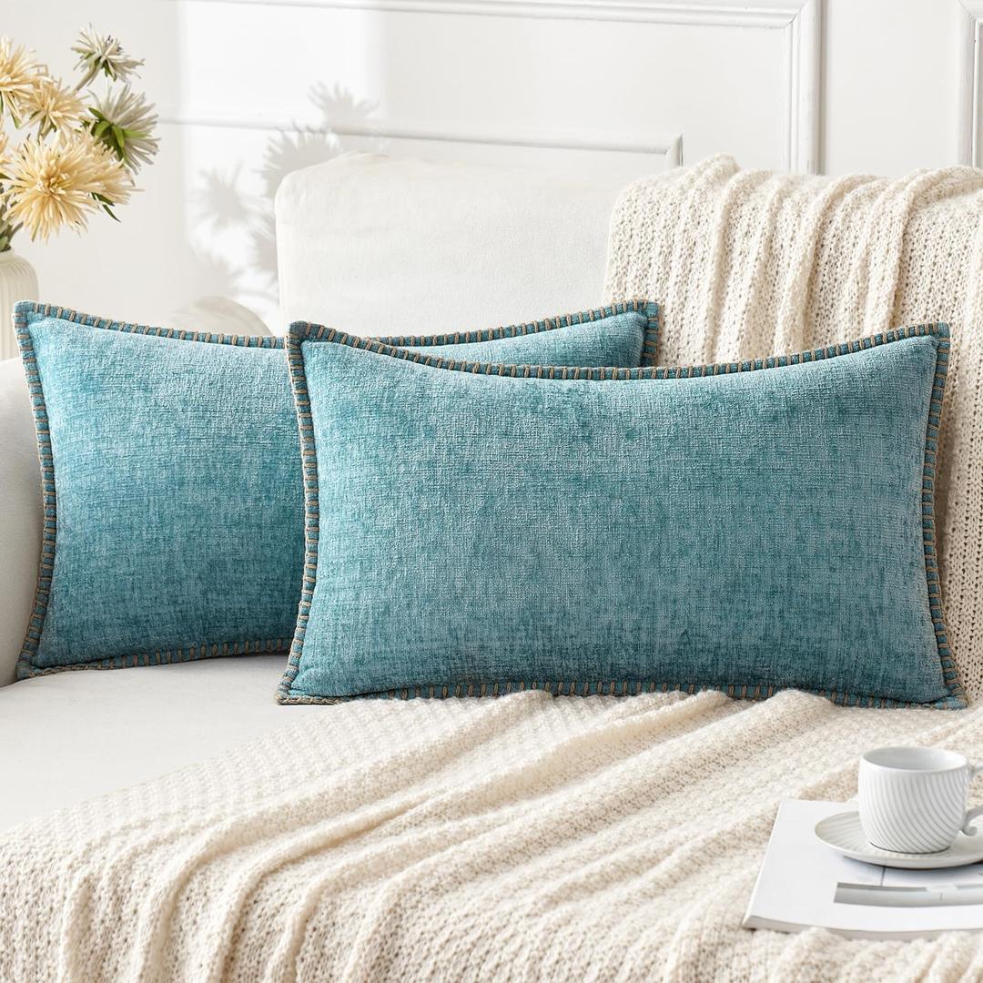 ANRODUO Pack of 2 Smoke Blue Chenille Throw Pillow Covers 12x20 Inch Farmhouse Decorative Pillow Covers with Stitched Edge Soft Throw Pillows for Couch Sofa Bed and Living Room Boho Home Decor