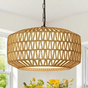 Farmhouse Chandelier Light Fixture, 5-Light Rattan Boho Chandeliers for Dining Room, Hand Woven Pendant Light with Linen Shade, Rustic Hanging Lighting for Kitchen Island, Bedroom (Bulb Not Included)