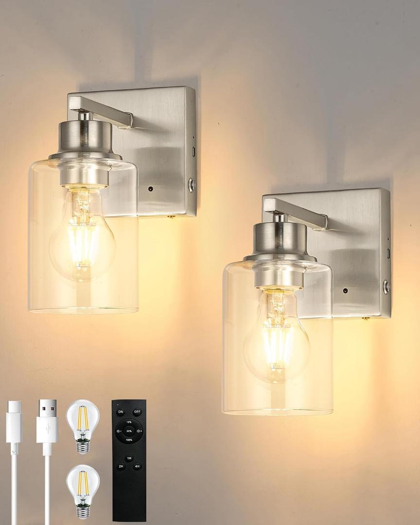 Rayogale Wireless Wall Sconces, Nickel Battery Operated Wall Sconce Set of 2 with Timer Function, Easy Install Dimmable Rechargeable Wall Lamps for Living Room, Bedroom, Hallway, Entryway Decor 3000K